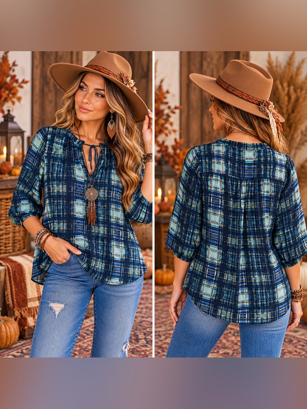 princess vera wang Blue Plaid Tie-Neck Peasant Top